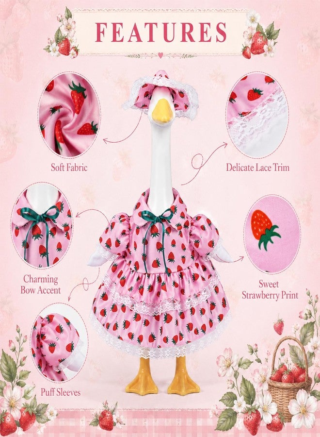 paminify 23 Inch Summer Strawberry Porch Goose Outfit, Pink Countryside Dress with Sun Hat, Seasonal Decorative Goose Clothes for Yard Lawn Patio Decor - Image 4