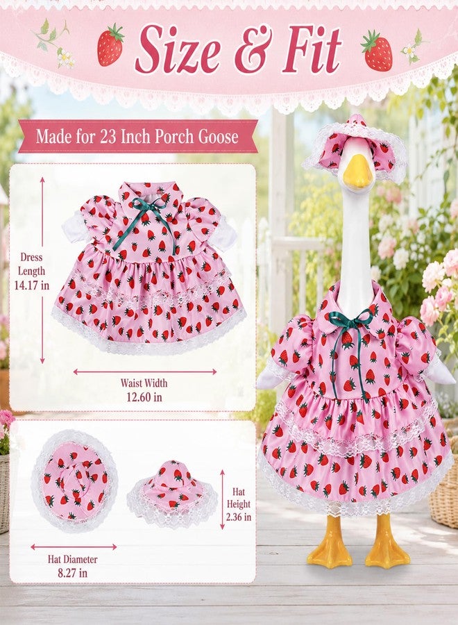 paminify 23 Inch Summer Strawberry Porch Goose Outfit, Pink Countryside Dress with Sun Hat, Seasonal Decorative Goose Clothes for Yard Lawn Patio Decor - Image 3
