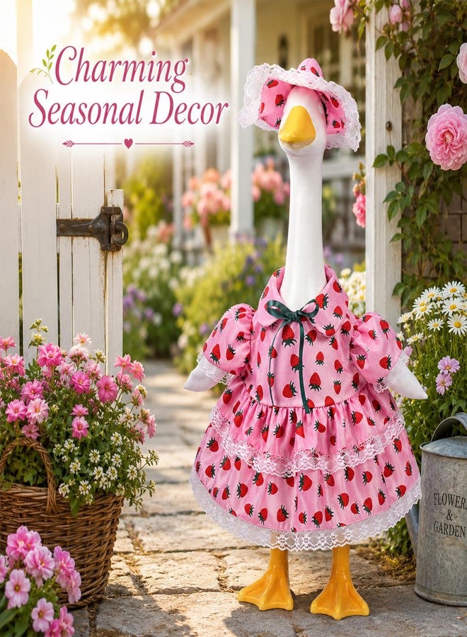 paminify 23 Inch Summer Strawberry Porch Goose Outfit, Pink Countryside Dress with Sun Hat, Seasonal Decorative Goose Clothes for Yard Lawn Patio Decor - Image 2