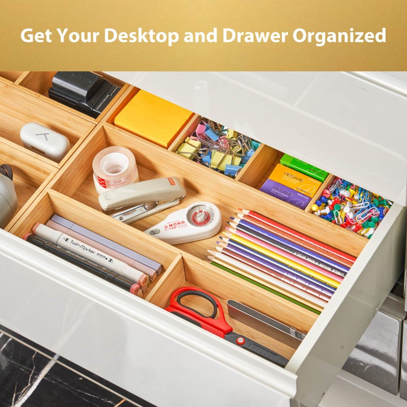 Umilife Large Bamboo Desk Drawer Organizer, Wood Junk Organizer Tray with Adjustable Dividers, Anti-Skip Storage Organization in Office Bathroom Drawer for Vanity, Makeup, 15" x 12" - Image 3