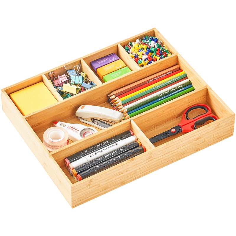 Umilife Large Bamboo Desk Drawer Organizer, Wood Junk Organizer Tray with Adjustable Dividers, Anti-Skip Storage Organization in Office Bathroom Drawer for Vanity, Makeup, 15" x 12" - Image 1