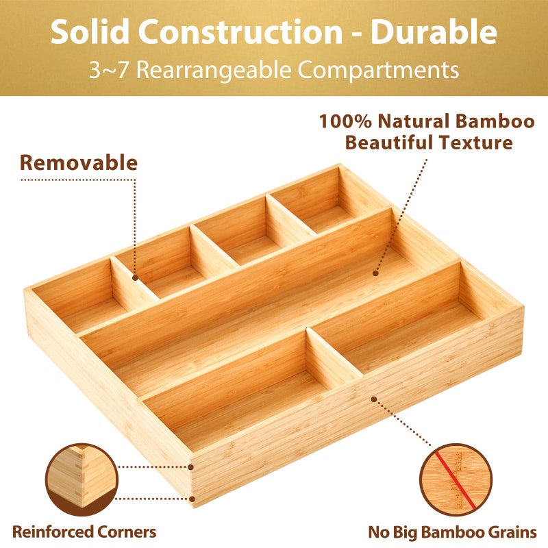 Umilife Large Bamboo Desk Drawer Organizer, Wood Junk Organizer Tray with Adjustable Dividers, Anti-Skip Storage Organization in Office Bathroom Drawer for Vanity, Makeup, 15" x 12" - Image 5