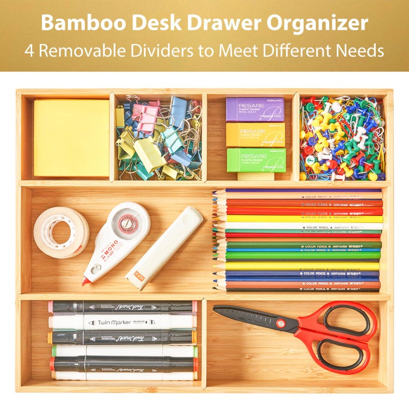 Umilife Large Bamboo Desk Drawer Organizer, Wood Junk Organizer Tray with Adjustable Dividers, Anti-Skip Storage Organization in Office Bathroom Drawer for Vanity, Makeup, 15" x 12" - Image 2