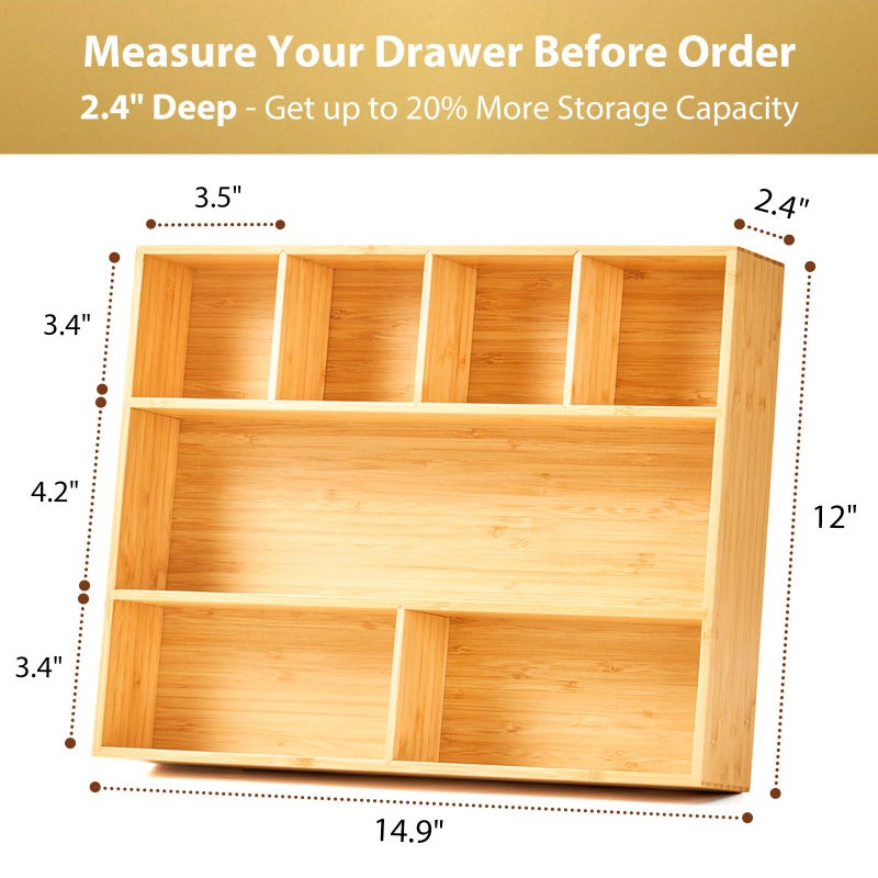 Umilife Large Bamboo Desk Drawer Organizer, Wood Junk Organizer Tray with Adjustable Dividers, Anti-Skip Storage Organization in Office Bathroom Drawer for Vanity, Makeup, 15" x 12" - Image 4