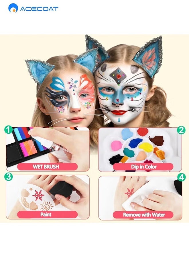 ACECOAT 20-color body paint set, a professional face painting set suitable for cosplay, children and adults, including a red, black and white effects paint palette and 10 brushes. - Image 4