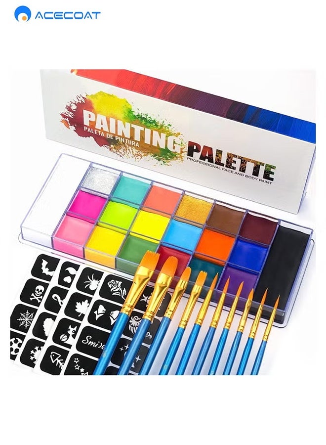 ACECOAT 20-color body paint set, a professional face painting set suitable for cosplay, children and adults, including a red, black and white effects paint palette and 10 brushes. - Image 1