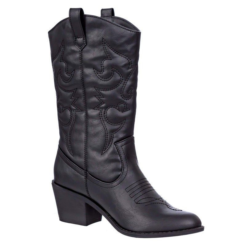 Charles Albert Cowboy Boots for Women Embroidered Cowgirl Boots Stacked Heel Pull Up Mid-Calf Western Boots in Black Size 6 - Image 1