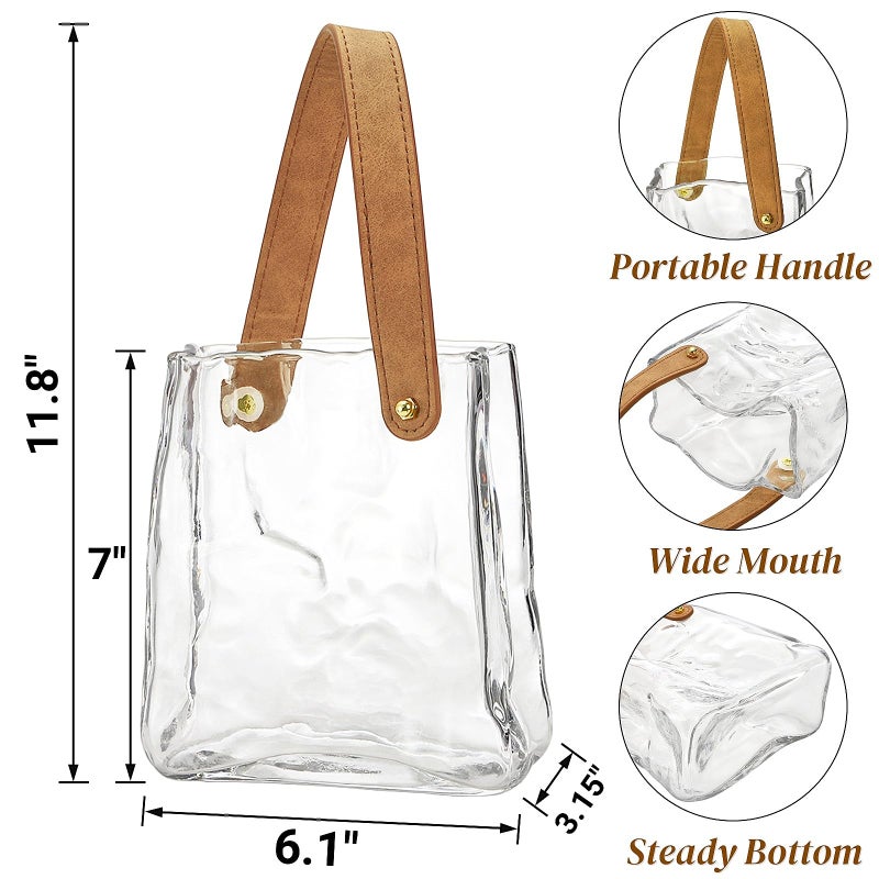 Noamus Glass Bag Vase for Flowers, Unique Purse Vases with Leather Handle, Decorative Wrinkle Handbag Shape Vase, Handmade Clear Fish Bowl for Centerpieces, Home Office Garden Wedding, Farmhouse Decor - Image 2