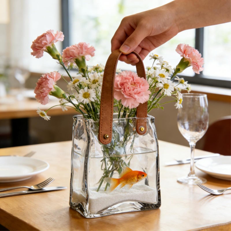 Noamus Glass Bag Vase for Flowers, Unique Purse Vases with Leather Handle, Decorative Wrinkle Handbag Shape Vase, Handmade Clear Fish Bowl for Centerpieces, Home Office Garden Wedding, Farmhouse Decor - Image 3