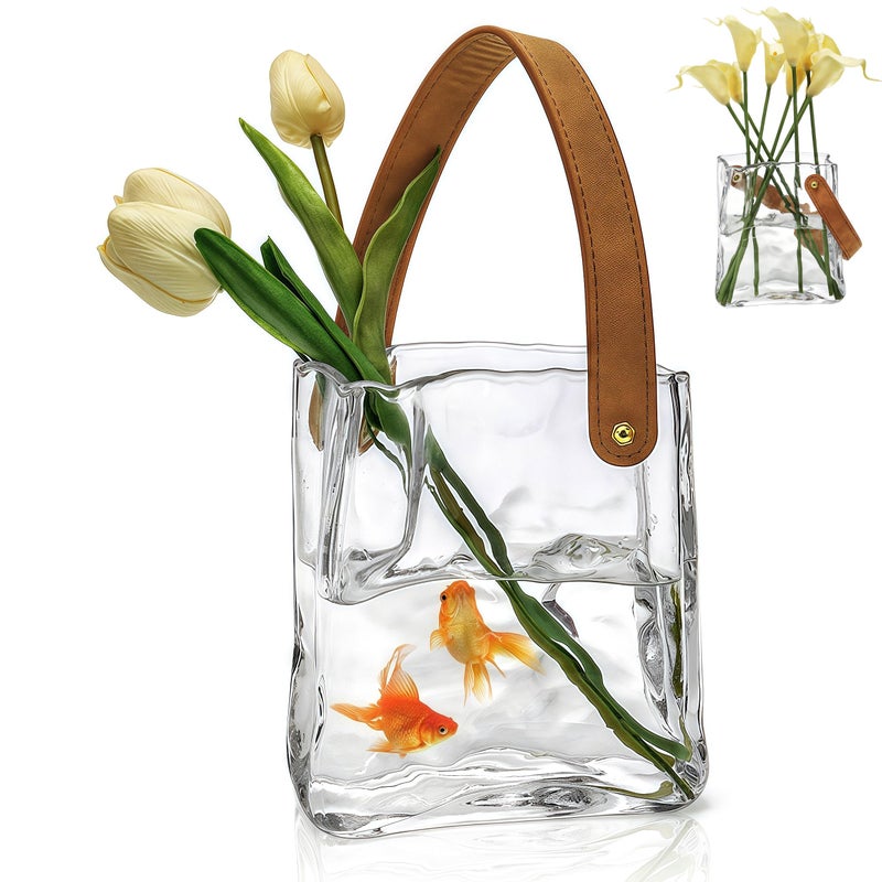 Noamus Glass Bag Vase for Flowers, Unique Purse Vases with Leather Handle, Decorative Wrinkle Handbag Shape Vase, Handmade Clear Fish Bowl for Centerpieces, Home Office Garden Wedding, Farmhouse Decor - Image 1