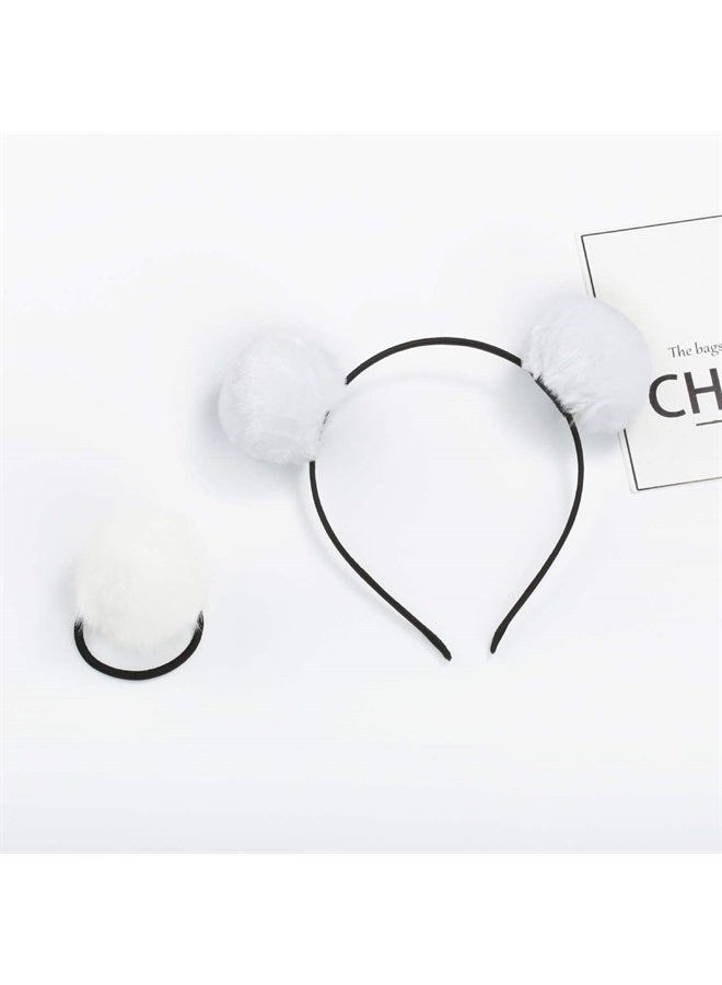 lasenersm 4 Pieces (2 Pairs) Fluffy Furry Pom-Ball Headband and Elastic Hair Ties Fuzzy Faux Fur Animal Ears Double Pom-Headband Pom-Ball Hair Band for Girls and Women