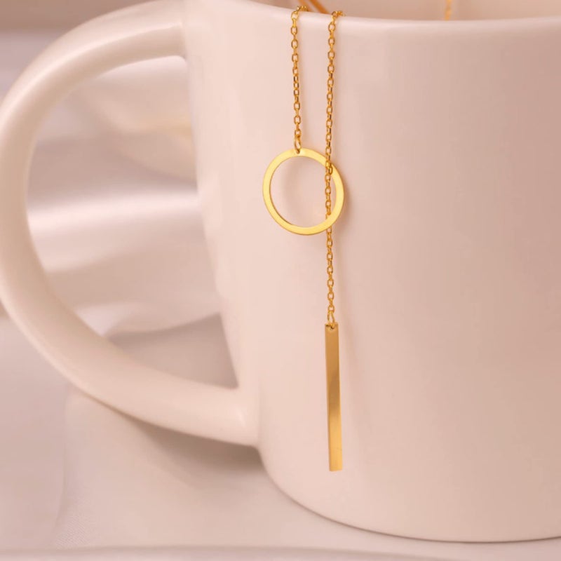 Tewiky Circle Bar Necklace for Women, Dainty Gold Lariat Necklace 14k Gold Drop Y Necklace Simple Gold Necklaces for Women Trendy Delicate Gold Necklaces Aesthetic Jewelry for Women - Image 5