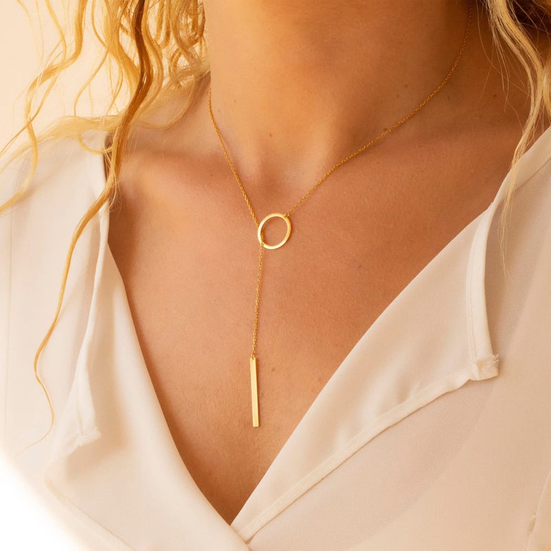 Tewiky Circle Bar Necklace for Women, Dainty Gold Lariat Necklace 14k Gold Drop Y Necklace Simple Gold Necklaces for Women Trendy Delicate Gold Necklaces Aesthetic Jewelry for Women - Image 2