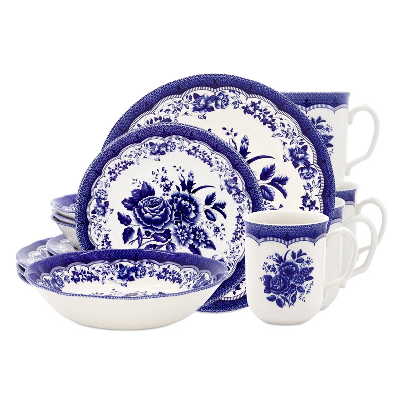 TUDOR ENGLAND Tudor Royal 16Piece Porcelain Round Dinnerware Set Service for 4 Victoria Blue Design Blue Floral Plates Bowls Dishes Glossy Premium Quality Tableware Unique Pattern