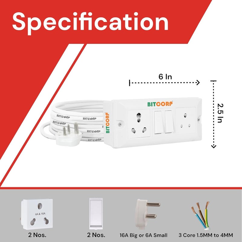 Bitcorp Extension Board Heavy Duty Box 6A 16A 20A with Thermal Protection 2 Way Socket 2 Switch 2500W Surge Protection with 15 Meter Long Cable Cord Wall Mount White - Image 3