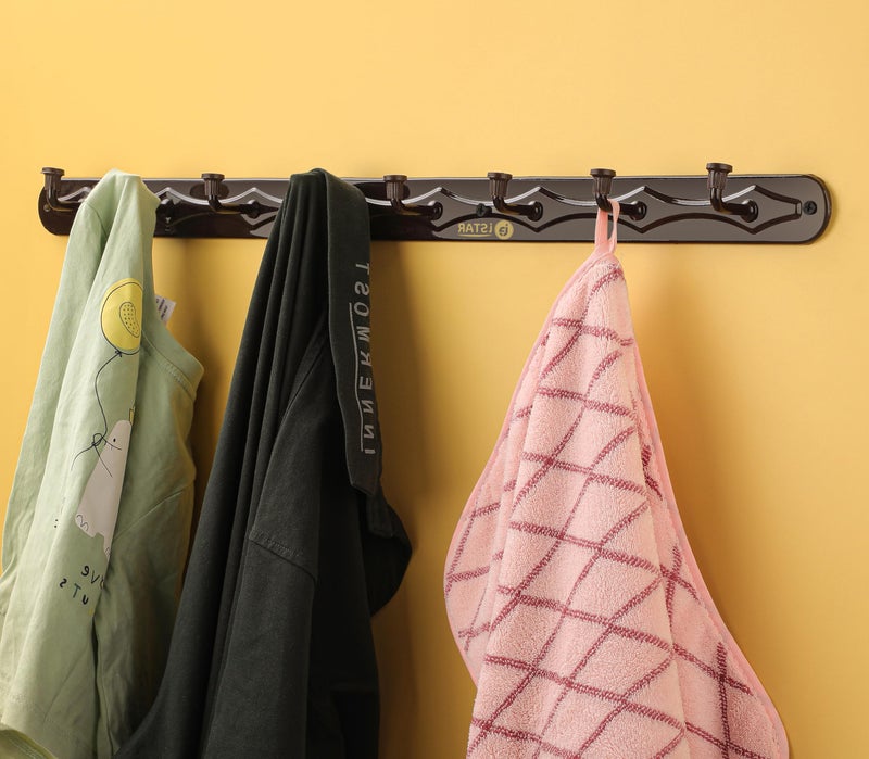 iSTAR 8 Pin Hook Hanger Rail/Towel Rod/Hooks Rail for Bathroom and Kitchen Door Wall Bedroom Bathroom Robe Hooks Rail for Hanging Round Shape Hook (Color-Brown) (Pack of 2) - Image 4