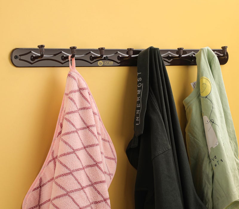iSTAR 8 Pin Hook Hanger Rail/Towel Rod/Hooks Rail for Bathroom and Kitchen Door Wall Bedroom Bathroom Robe Hooks Rail for Hanging Round Shape Hook (Color-Brown) (Pack of 2) - Image 2