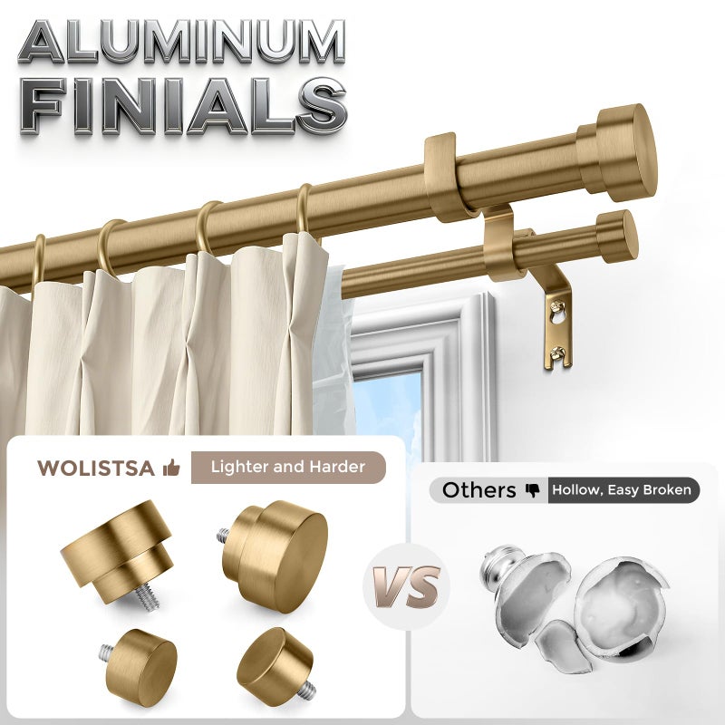 Wolistsa Brass Double Curtain Rod, Warm Gold Extra Long Dual Curtain Rods for Windows 72 to 144 Inch, 1 Inch Adjustable Heavy Duty Spliced Double Rod, Pro-Plating Process, Aluminium Finials - Image 2