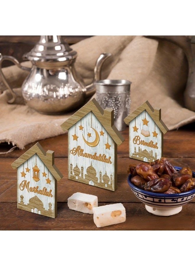 أكسلوت مجموعة من ثلاث قطع لتزيين سطح المكتب بديكورات منزلية خشبية على طراز رمضان مبارك، ديكور إسلامي قائم بذاته مزين بالنجوم والهلال، زينة الحمد لله ما شاء الله بسم الله - Image 4