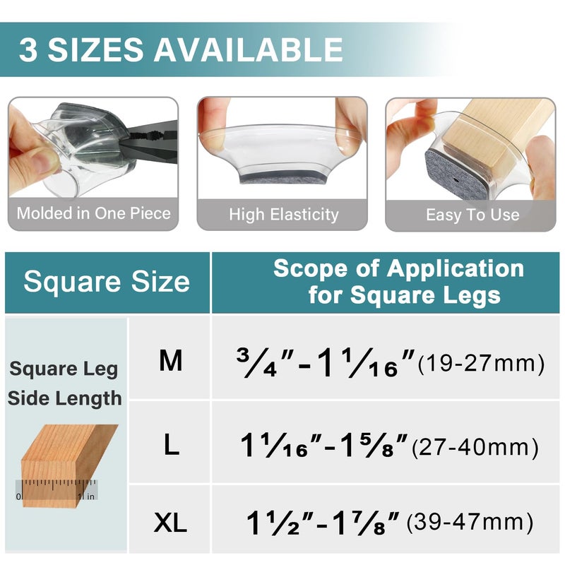 Ansible 24 Pcs Chair Leg Floor Protectors Square, Silicone Felt Furniture Leg Pads Caps Covers for Hardwood Floors (Fit:1-1/16" to 1-5/8") - Image 5
