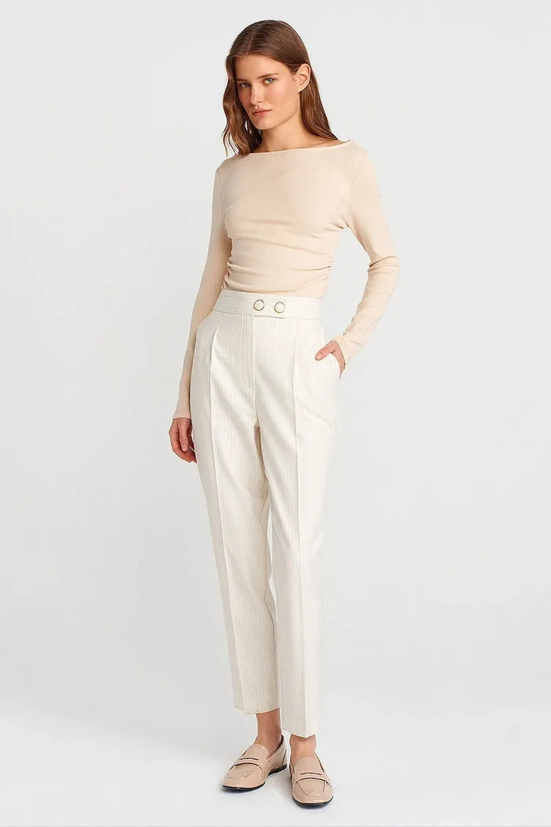 Dilvin Beige Natural DILVIN Slim Fit Ribbed Boat Neck Blouse for Women | Best Price UAE