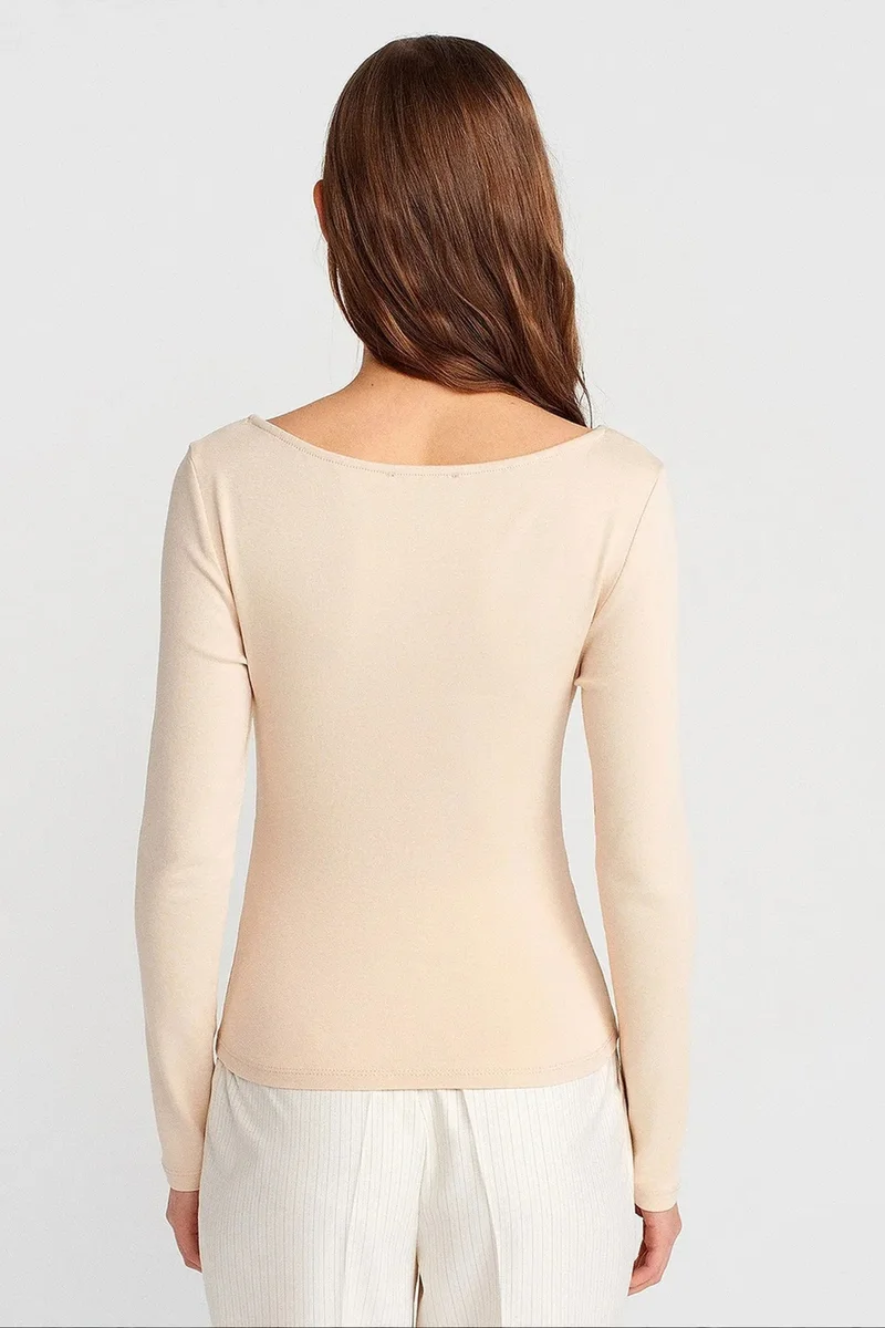Dilvin Beige Natural DILVIN Slim Fit Ribbed Boat Neck Blouse for Women | Best Price UAE