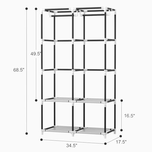 VTRIN Portable Closet Wardrobe for Hanging Clothes with 4 Storage Shelves, 2 Hanging Rods and 6 Pockets, Stable and Easy Assembly Clothes Rack with Cover Free Standing Closet for Bedroom, Grey - Image 3