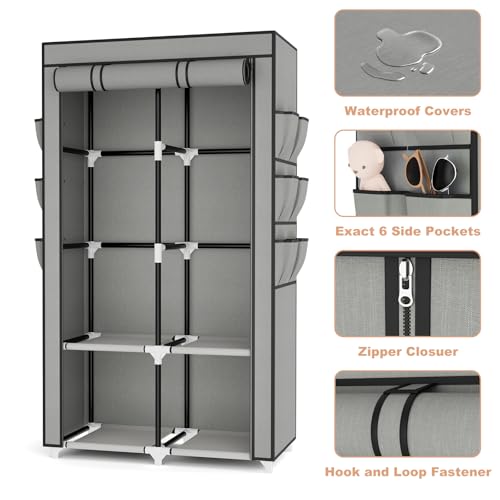 VTRIN Portable Closet Wardrobe for Hanging Clothes with 4 Storage Shelves, 2 Hanging Rods and 6 Pockets, Stable and Easy Assembly Clothes Rack with Cover Free Standing Closet for Bedroom, Grey - Image 4