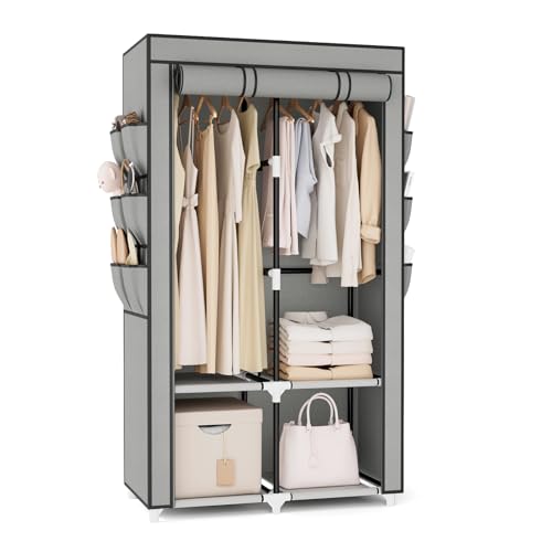 VTRIN Portable Closet Wardrobe for Hanging Clothes with 4 Storage Shelves, 2 Hanging Rods and 6 Pockets, Stable and Easy Assembly Clothes Rack with Cover Free Standing Closet for Bedroom, Grey - Image 1