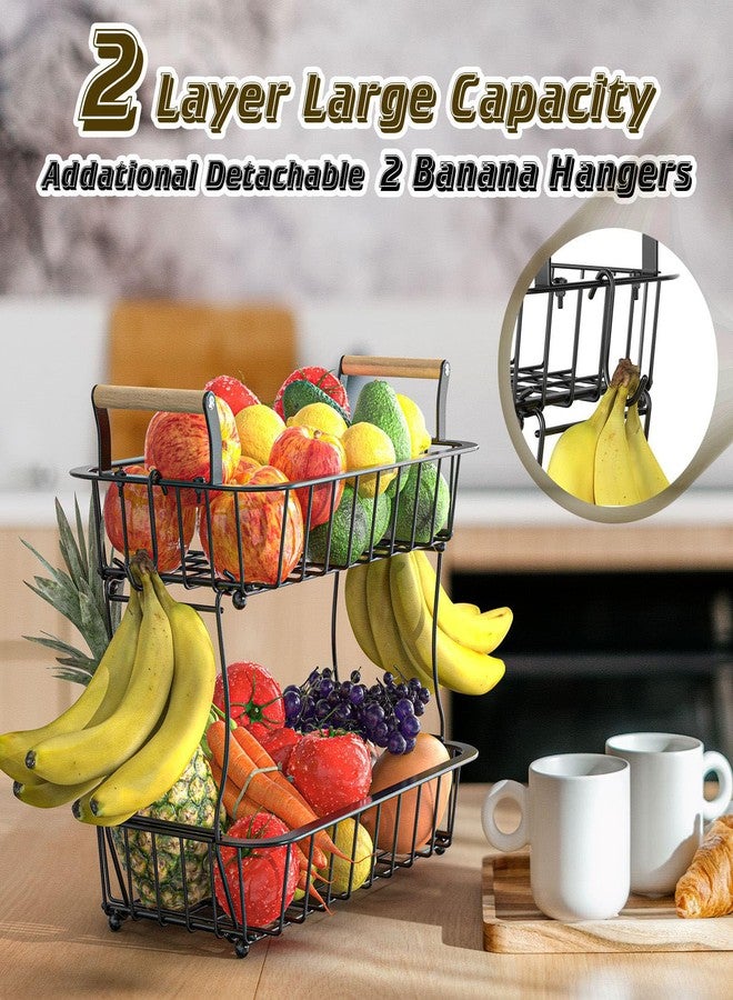 Crixny 2 Tier Banana Hanger Stand with 2 Hangers, Large Fruit and Vegetable Storage Basket - Image 2