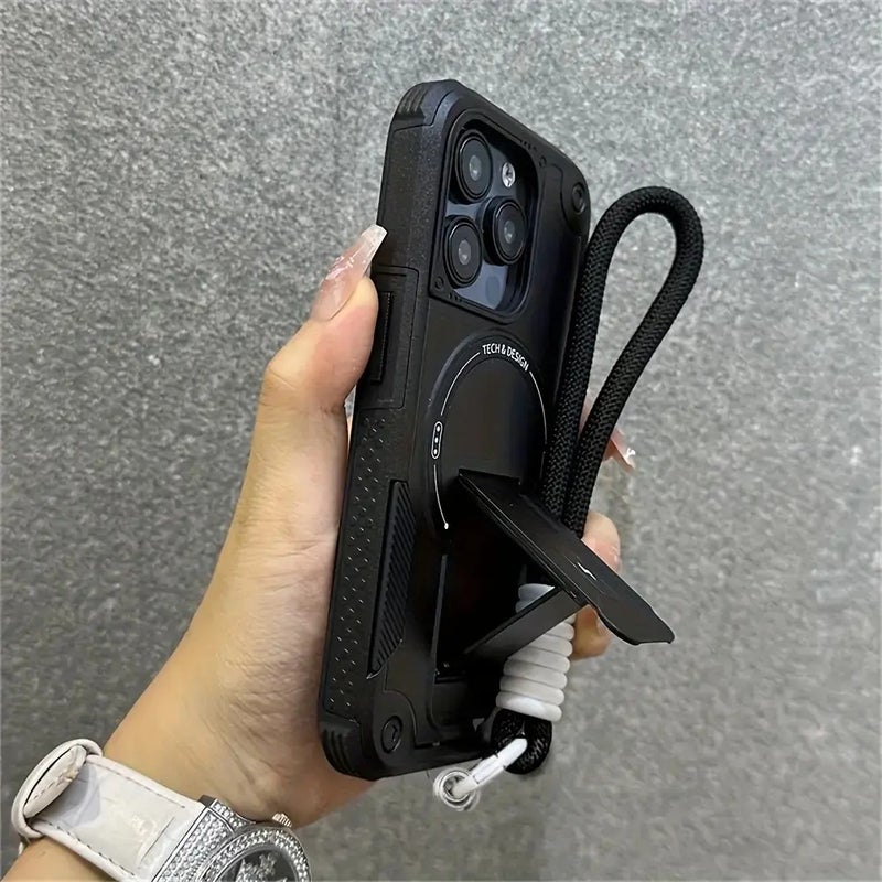 Luxury Magnetic Holder Protective Phone Case with Wristband for iPhone 17-11 Pro Max, Silicone Shockproof Back Cover, Stylish Design - Image 1