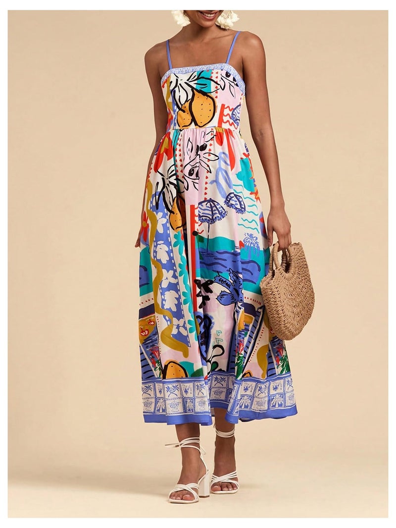 WDIRARA Women's Boho Floral Sleeveless Ruffle Maxi Dress Tropical Graphic Tie Shoulder Smocked Cami Dresses Multicolor Purple Medium - Image 5