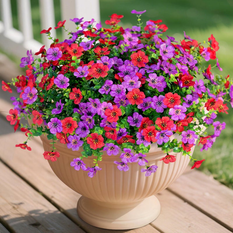 Ammyoo Artificial Fake Plants Flowers for Outdoor Spring Summer Decor, 12 Bundles Faux Silk Daisy for Planter Pot Colorful UV Resistant Look Real for Front Door Porch Patio Outside Yard(Purple Red) - Image 1