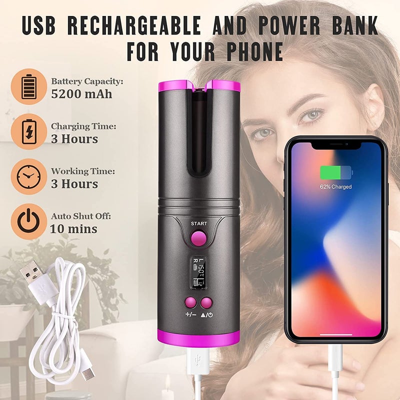Entraxa Hair Curler Hair Curling Iron Cordless Automatic Curler Silky Curls Fast Heating Wireless Auto Curler with Timer Setting and 6 Temperature Adjustable Gray - Image 5