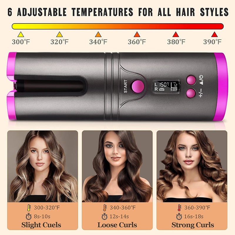 Entraxa Hair Curler Hair Curling Iron Cordless Automatic Curler Silky Curls Fast Heating Wireless Auto Curler with Timer Setting and 6 Temperature Adjustable Gray - Image 2