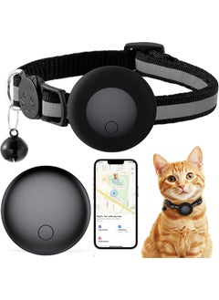 Cat Tracker Collar Breakaway - Tracking Pet Collar with Finder Tag, No Monthly Fee, Compatible with Apple Airtag Find My (iOS Only), Reflective Strip Design with Bell (Black)