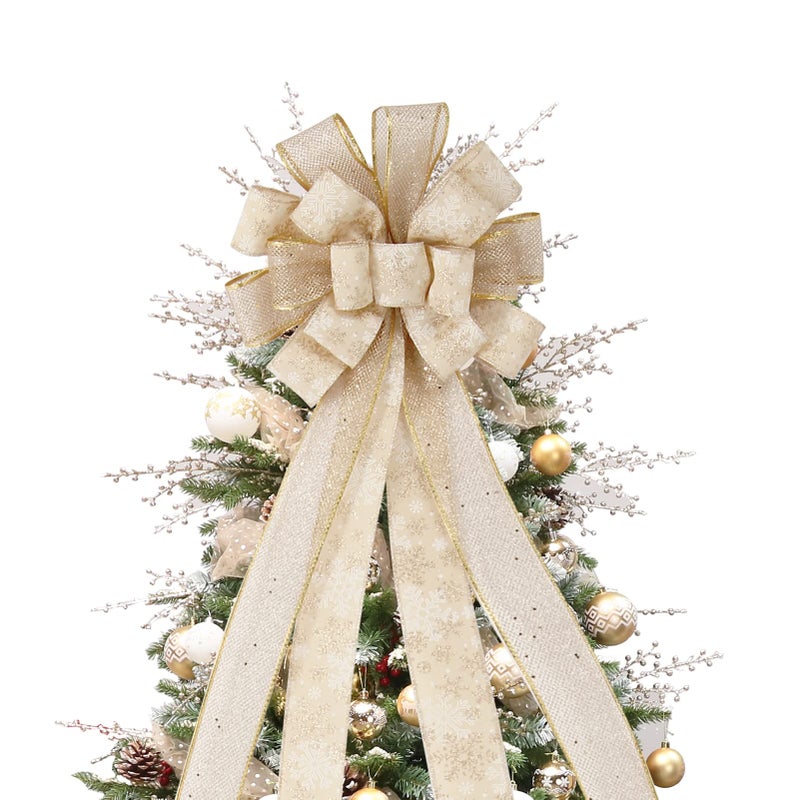 Christmas Tree Topper Bow 44X12 Inch Artificial Xmas Tree Flower Topper Decor for Family Wedding Birthday Party Indoor Outdoor Thanksgiving Christmas Decoration GoldSnowflake