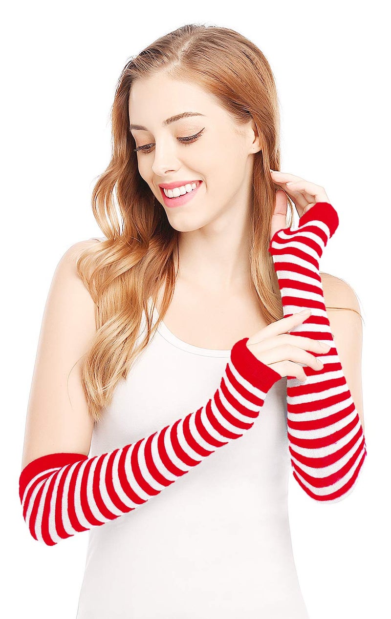 Bienvenu Punk Gothic Rock Long Arm Warmer Fingerless Gloves,Red White - Image 1