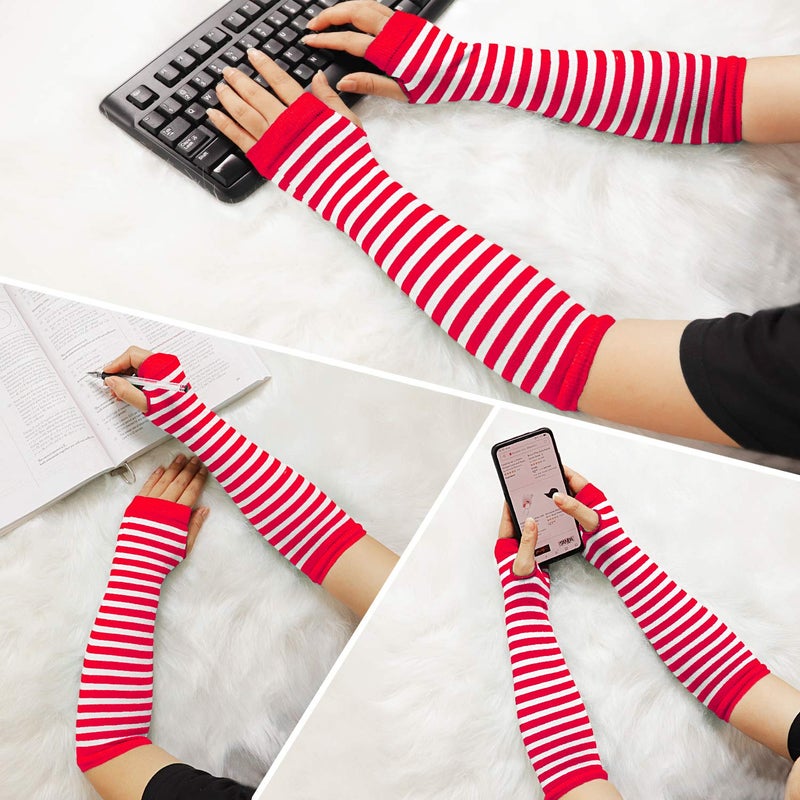 Bienvenu Punk Gothic Rock Long Arm Warmer Fingerless Gloves,Red White - Image 5