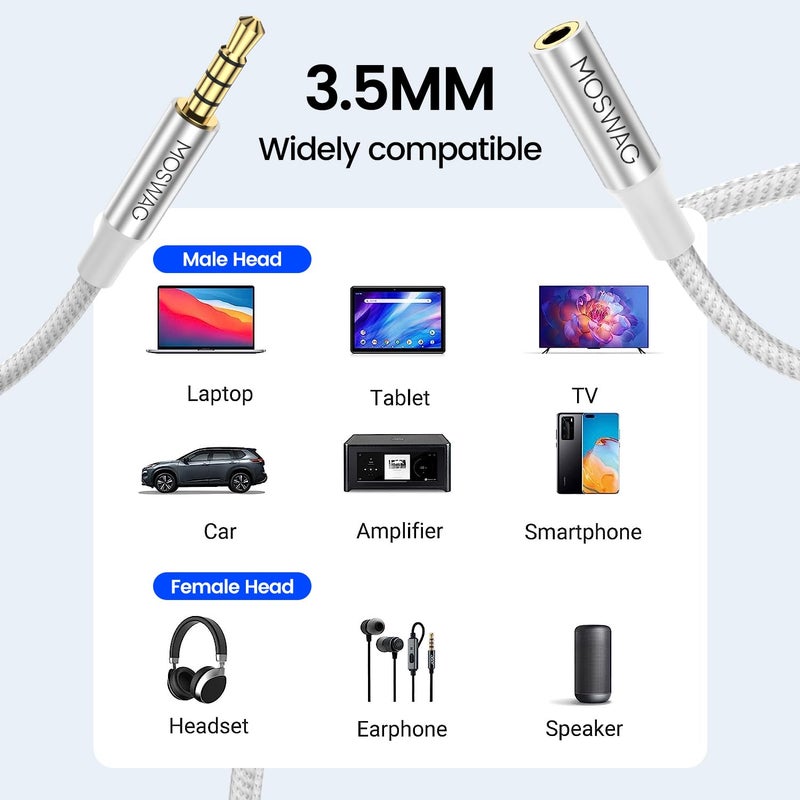 MOSWAG MOWSAG 10FT/3Meter Long 3.5mm Extension TRRS 4-Pole Headphone Cable Male to Female Audio Cable Nylon Braided Compatible for Home/Car Stereos Smartphones Headphones Tablets Media Players and More - Image 2