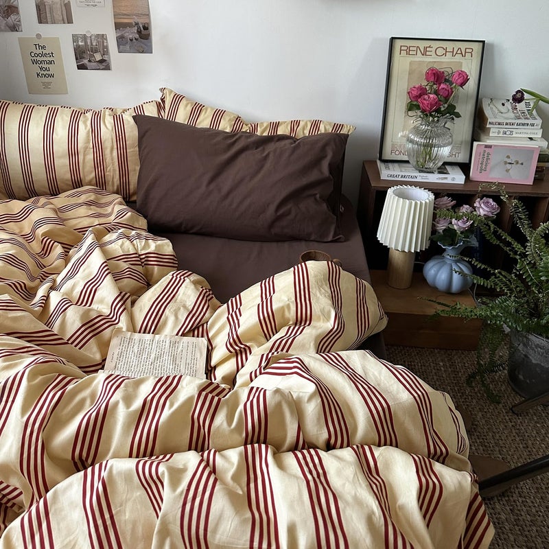 mixinni Retro Striped Duvet Cover Set California King - 100% Natural Cotton 3-Piece Vintage Red Stripes Pattern Printed Bedding Set, Soft Breathable Comforter Cover with Zipper Closure & Corner Ties - Image 1