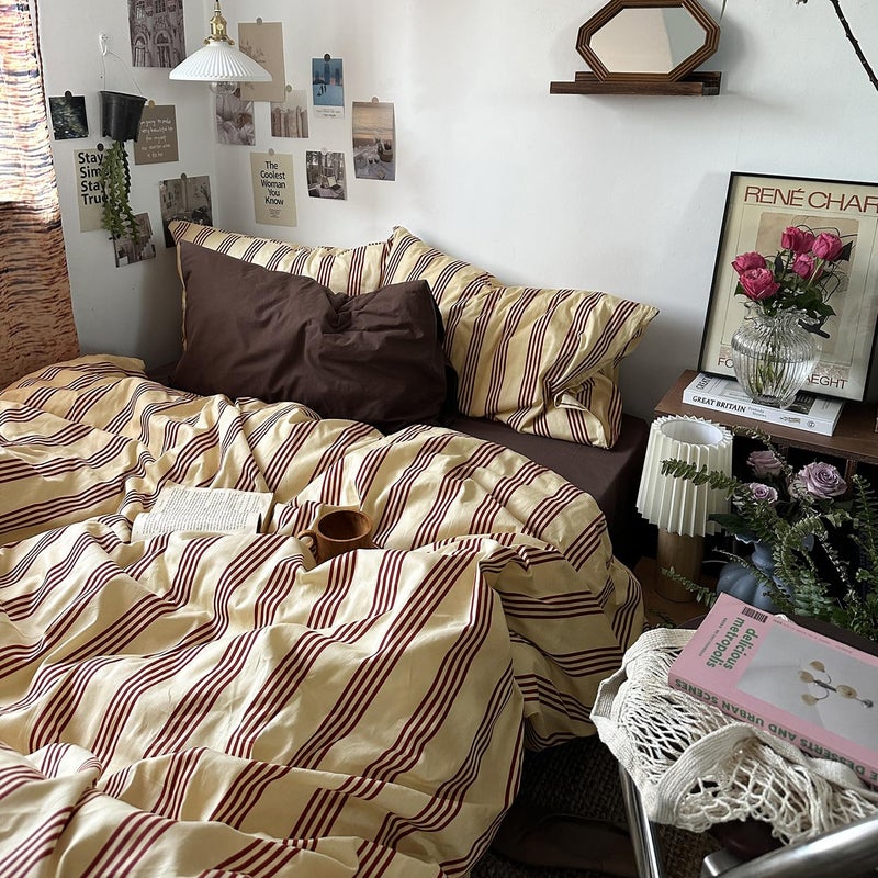 mixinni Retro Striped Duvet Cover Set California King - 100% Natural Cotton 3-Piece Vintage Red Stripes Pattern Printed Bedding Set, Soft Breathable Comforter Cover with Zipper Closure & Corner Ties - Image 5