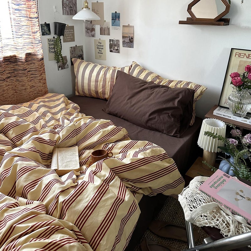 mixinni Retro Striped Duvet Cover Set California King - 100% Natural Cotton 3-Piece Vintage Red Stripes Pattern Printed Bedding Set, Soft Breathable Comforter Cover with Zipper Closure & Corner Ties - Image 2