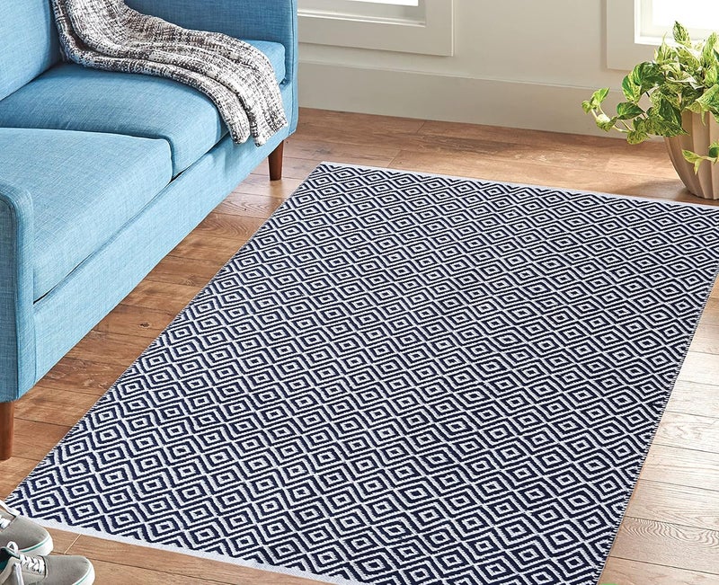 MDZ ™ - Modern Decorative Zone - Hand Woven 100% Cotton Diamond Rug, for Bedroom, Living Room, Dining Room, Kids Room, Style - Modern, Size - 90 x 150 cm | Eco Friendly (Navy White) - Image 1
