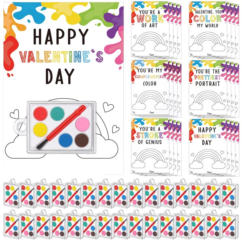 Sabary 30 Pack Valentines Day Gifts for Kids Valentines Watercolor Paint Set with Gift Cards Mini Paint Sets with Adhesive Dots for Class Exchange Prizes Party Favors for Preschool Classroom School - Image 1