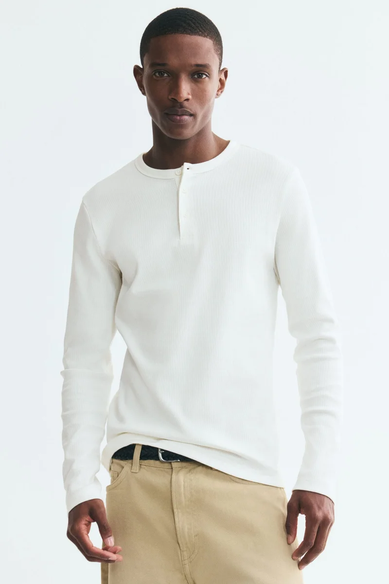Slim Fit Ribbed cotton Henley top