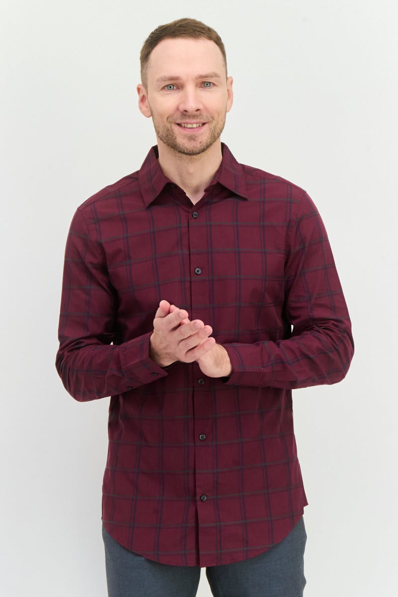 PERRY ELLIS قميص رجالي عادي مقاس عادي بأكمام طويلة مزخرف، مارون - Image 1