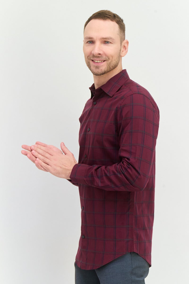 PERRY ELLIS قميص رجالي عادي مقاس عادي بأكمام طويلة مزخرف، مارون - Image 2