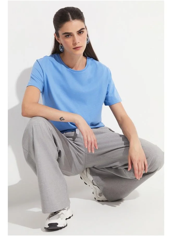 JUNE June Cotton Regular/Normal Fit Short Sleeve Basic Crew Neck Knitted Tshirt Light Indigo