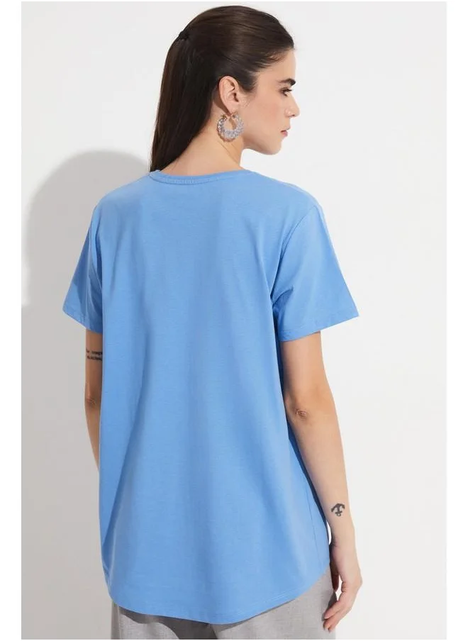JUNE June Cotton Regular/Normal Fit Short Sleeve Basic Crew Neck Knitted Tshirt Light Indigo